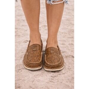 ARIAT Floral Embossed Brown Leather Cruiser Slip On Loafer Shoes Womens 12B